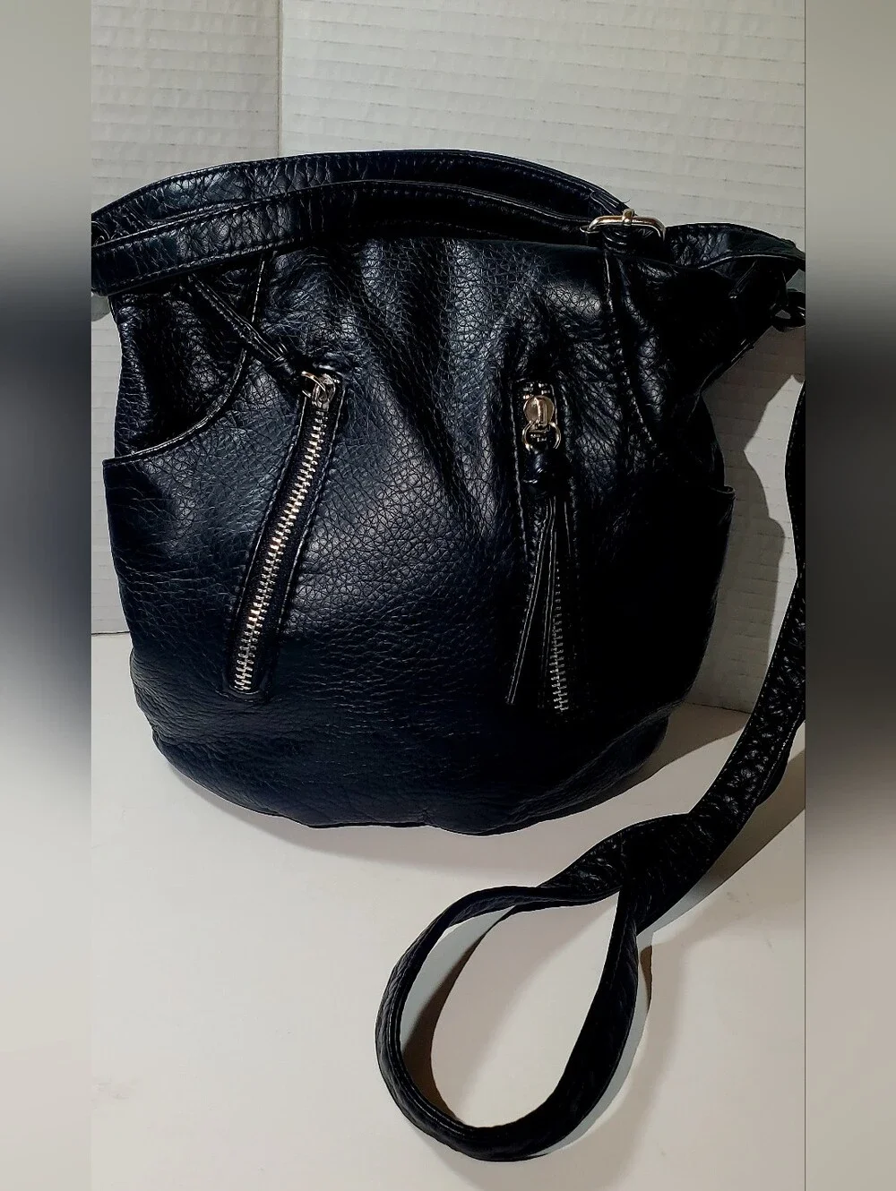 Black Leather-Look Crossbody Bag - Classic Women's Shoulder Bag